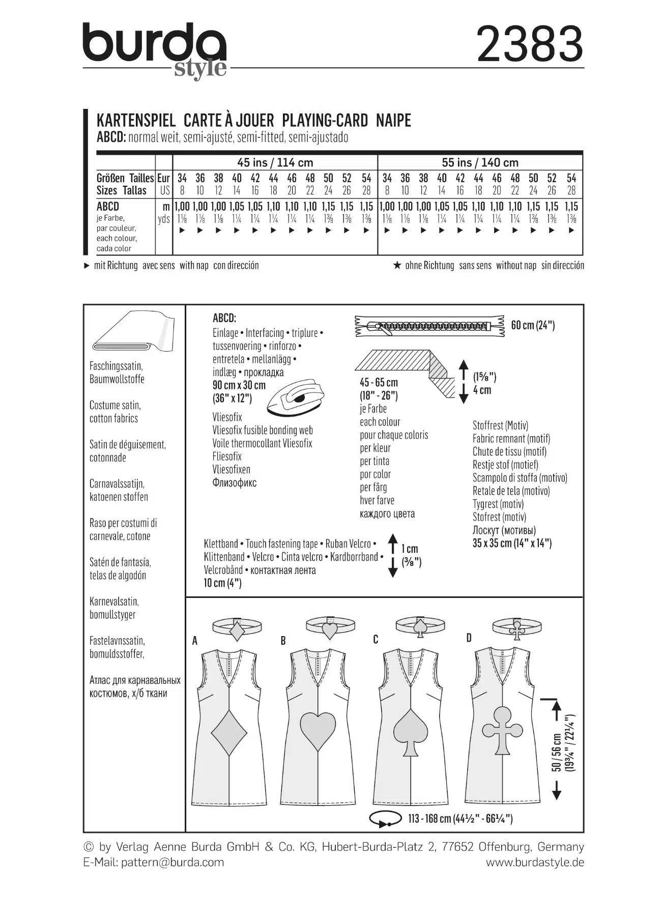Burda Geel 2383 - Speelkaart kostuum in variaties