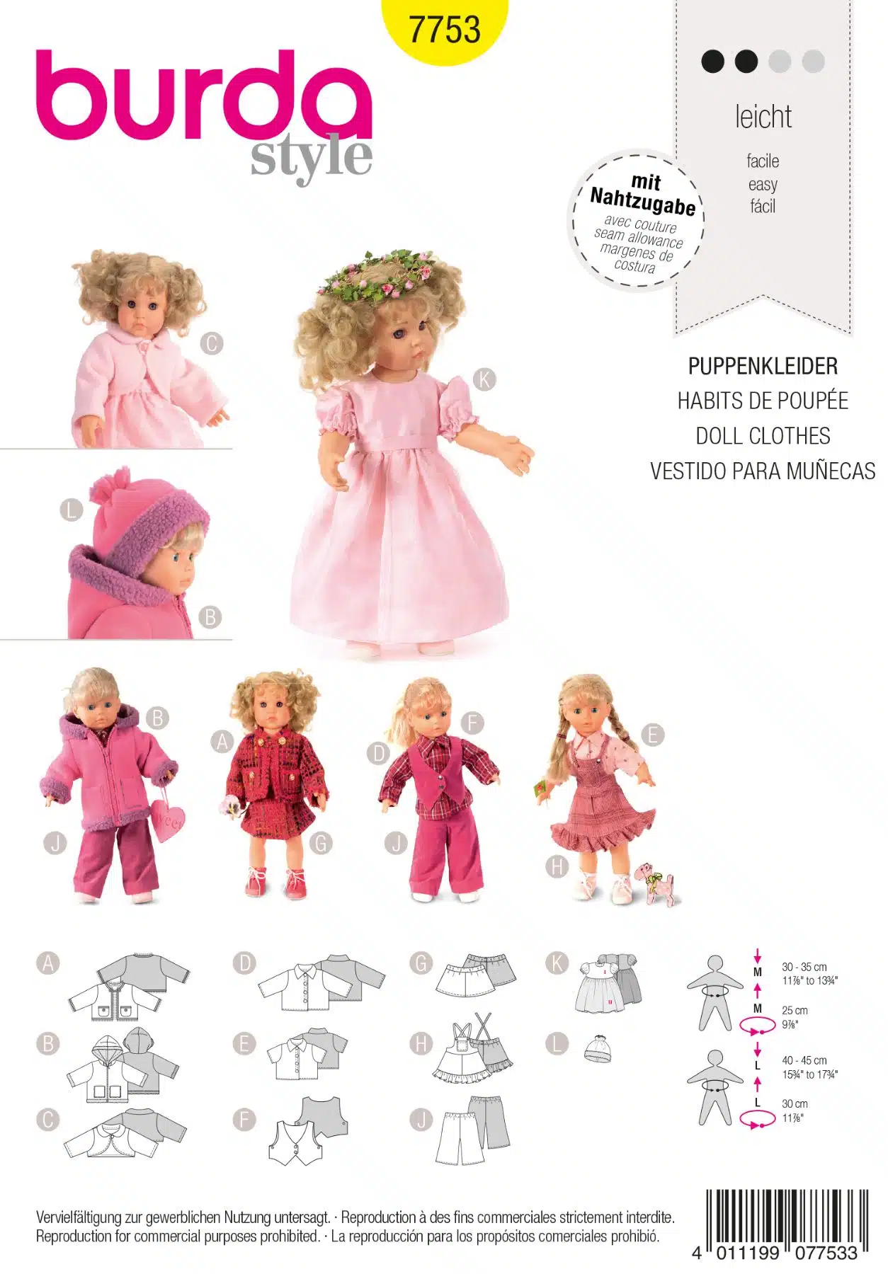 Burda Geel 7753 - Poppenkleertjes in variaties