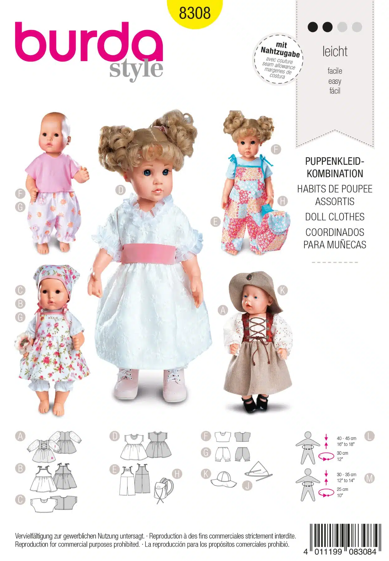 Burda Geel 8308 - Poppenkleertjes in variaties