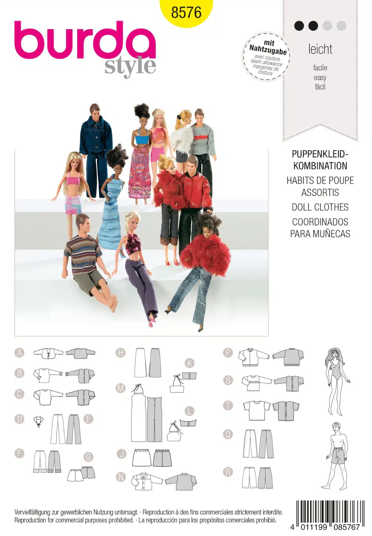 Burda Geel 8576 - Poppenkleertjes in variaties