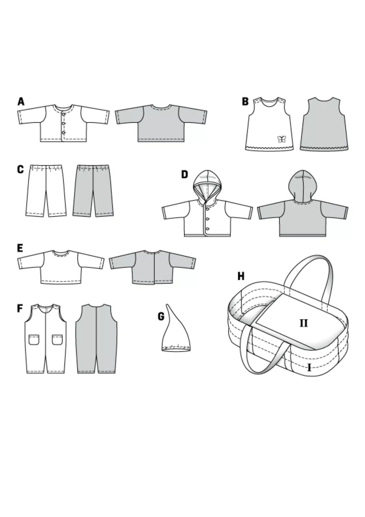 Burda Geel 8591 - Poppenkleertjes in variaties en reiswieg