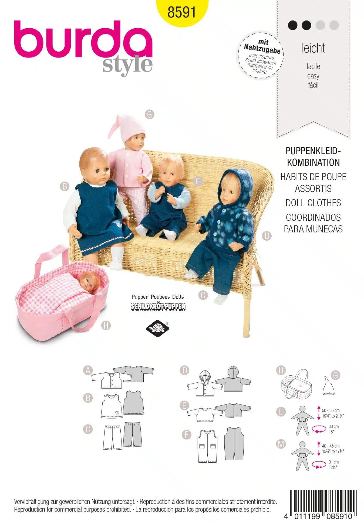 Burda Geel 8591 - Poppenkleertjes in variaties en reiswieg