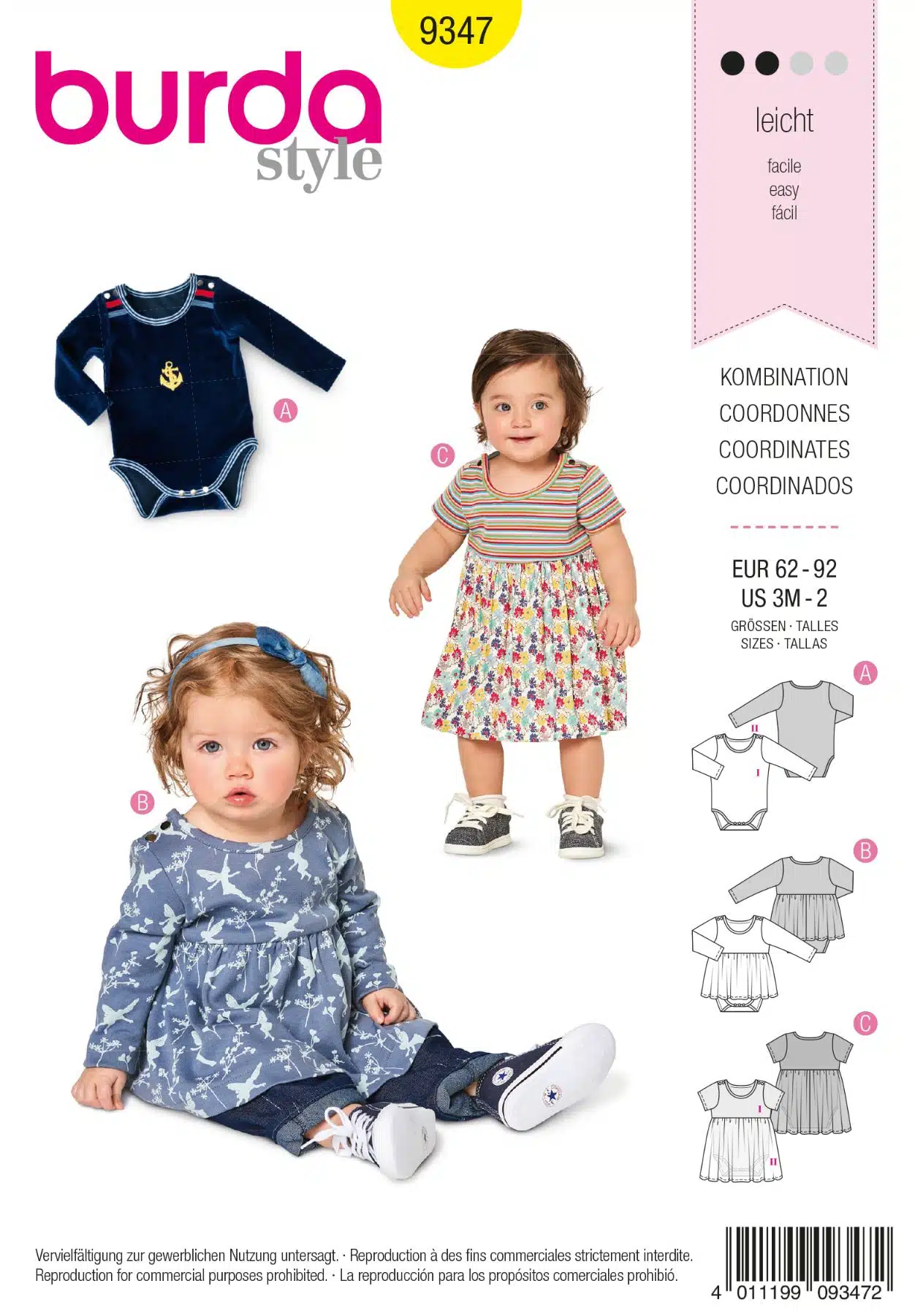 Burda Geel 9347 - Jurkje in variaties en rompertje