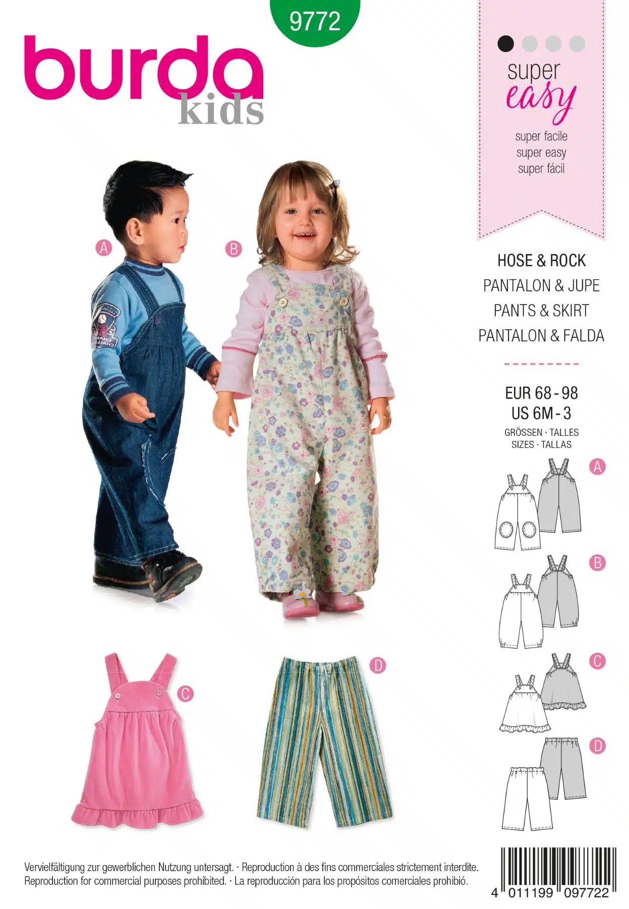 Burda Groen 9772 - Tuinbroek in variaties, jurk en broek