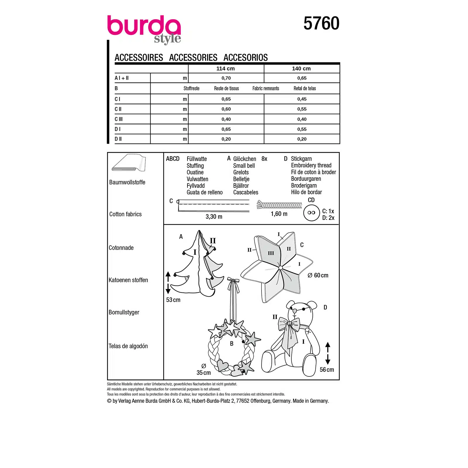 Burda Patroon 5760 - Kerst Accessoires Set