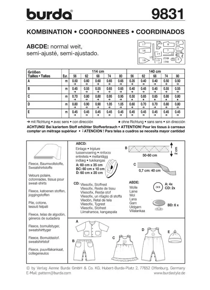 Burda Geel 9831 - Combinatie: babykleding in variaties