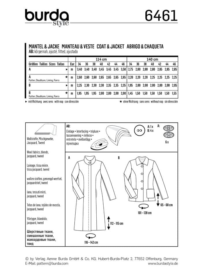 Burda Patroon 6461 - Mantel en Jas