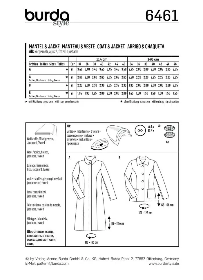 Burda Patroon 6461 - Mantel en Jas