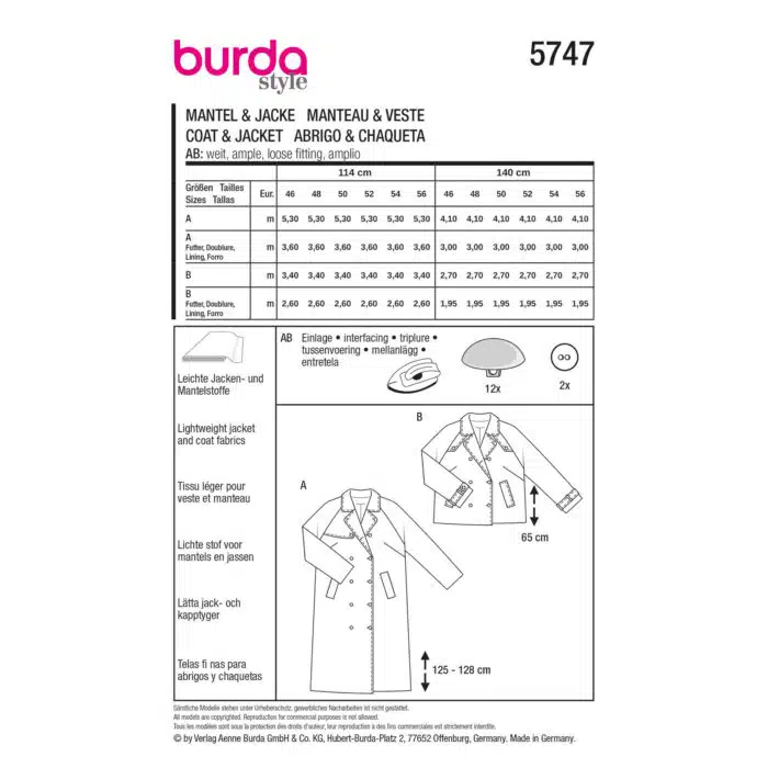 Burda Patroon 5747 - Jas in Variaties