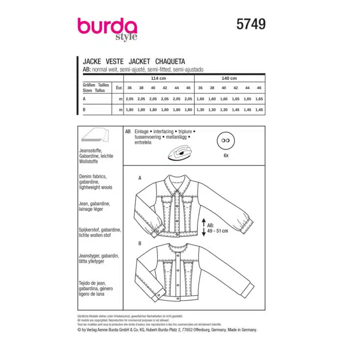 Burda Patroon 5749 - Jasje in Variaties