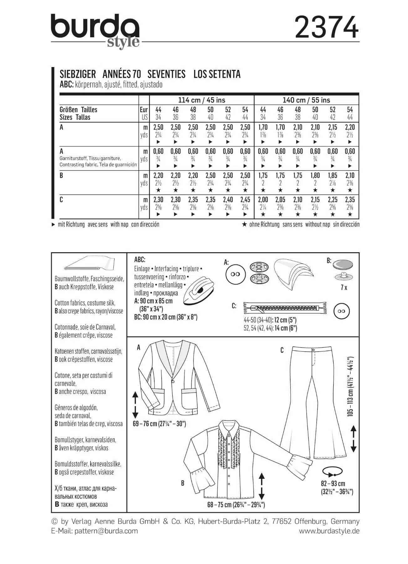 Burda Patroon 2374 - Jaren 70 kostuum voor man
