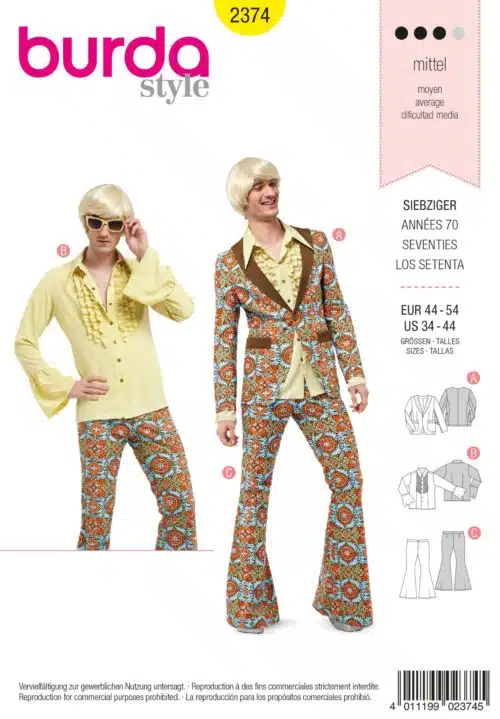 Burda Patroon 2374 - Jaren 70 kostuum voor man