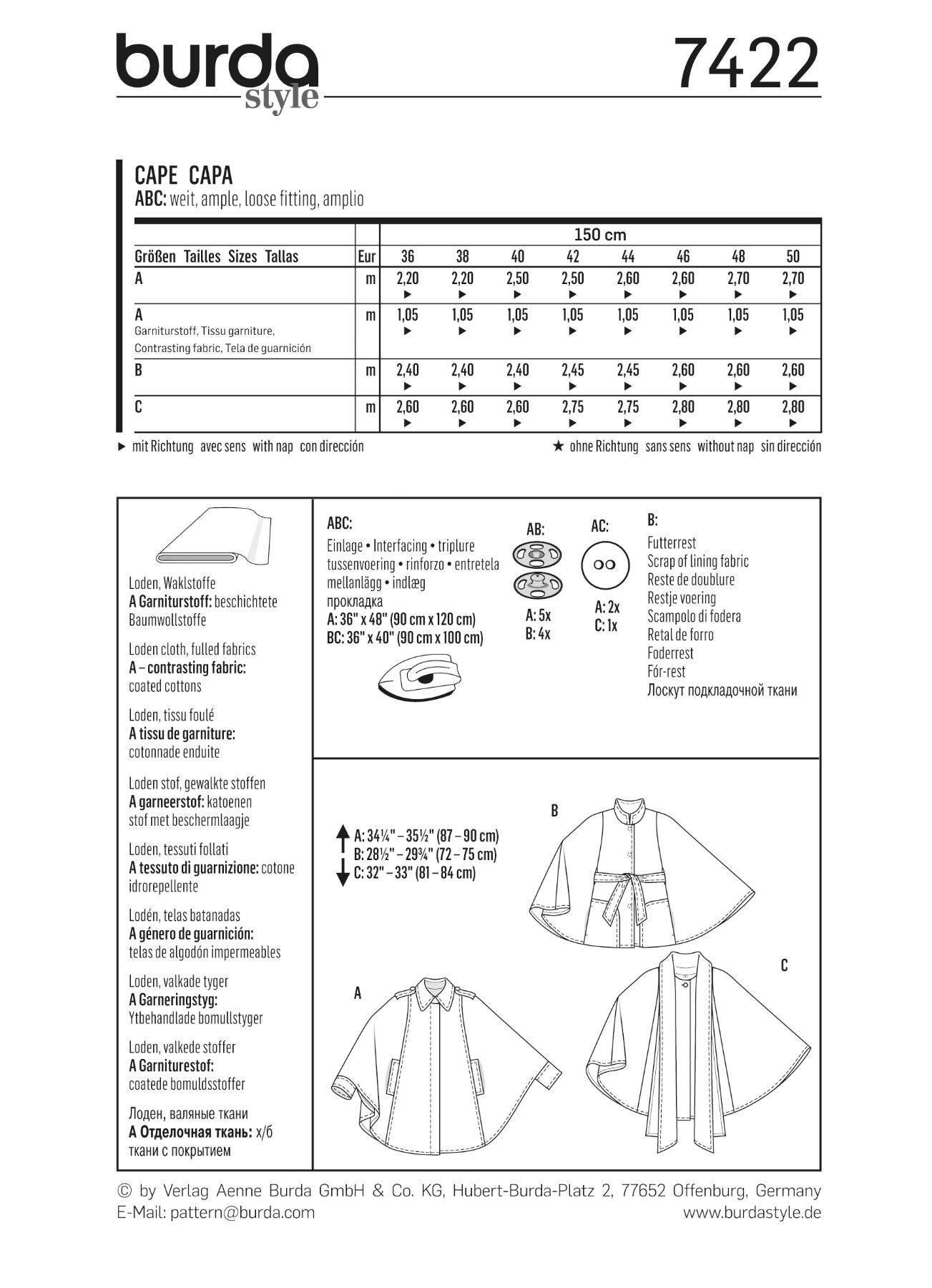 Burda Patroon 7422 - Cape in variaties