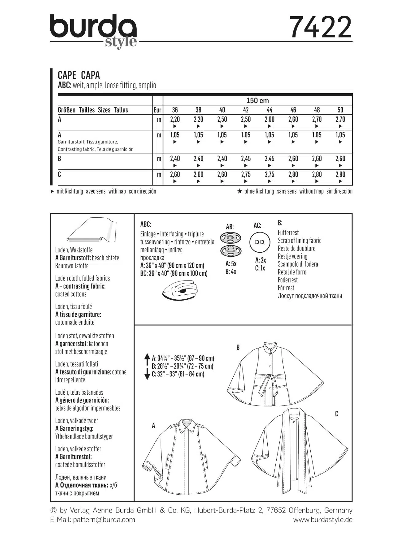 Burda Patroon 7422 - Cape in variaties